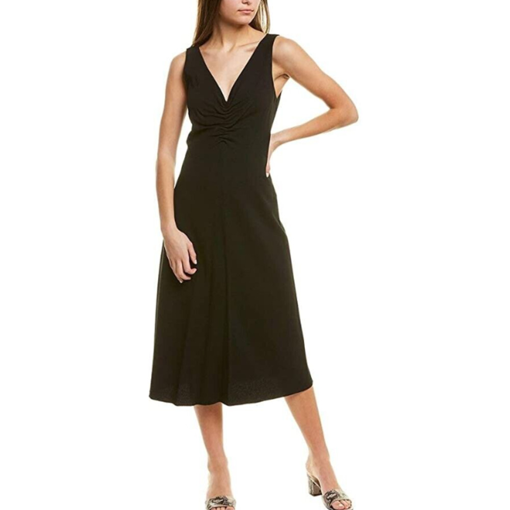 VINCE Ruched Double V-Neck Midi Dress Sleeveless Stretch Crepe, Black